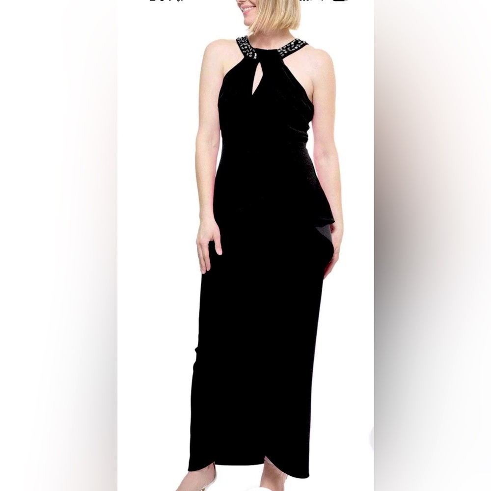 SLNY Jewel Black Cut Out Backless Halter ruffled Maxi Dress Sz 8P style 9237208
